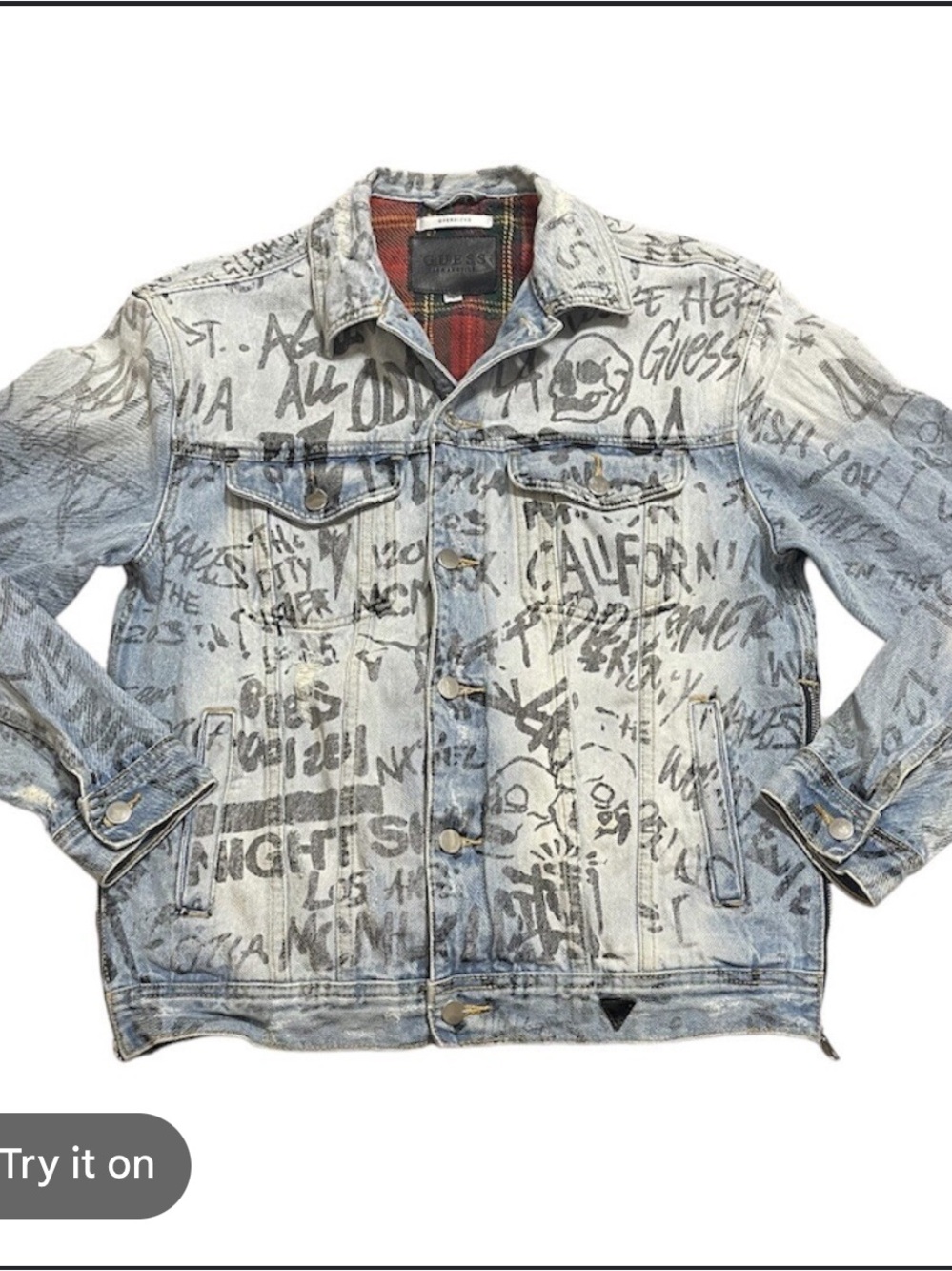 Guess Vintage Men’s Light Blue All Over Graffiti Oversized Denim Jacket Sz XXL - Picture 3 of 15